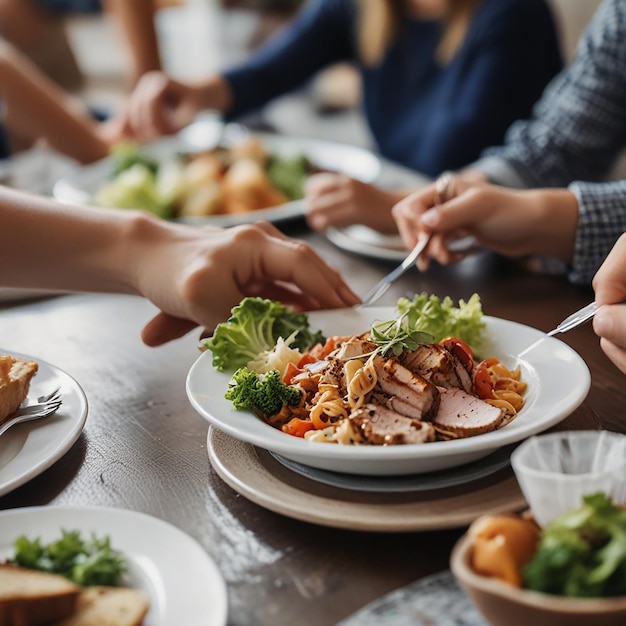 Foto immagine in primo piano di persone che tagliano i piatti mentre pranzano in un ristorante