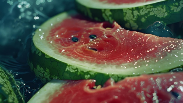 Foto close-up di succose fette di cocomero con semi luccicanti la loro carne rossa vibrante in contrasto con la corteccia verde scuro