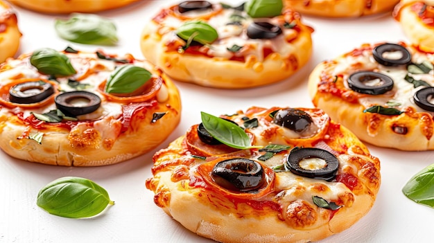 Foto close-up di una mini pizza con mozzarella e olive su uno sfondo bianco pulito