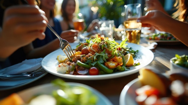 Foto una ripresa ravvicinata di una forchetta che scava in un'insalata fresca