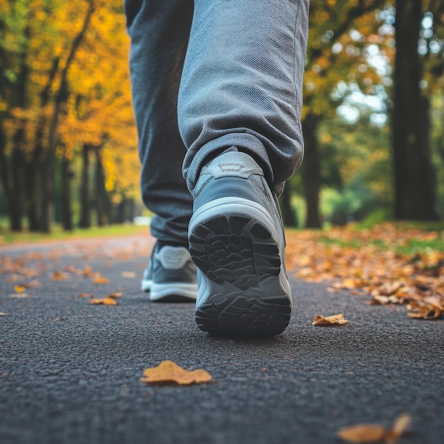 Foto close-up di scarpe da ginnastica e gambe di una persona anziana che cammina in un parco con foglie d'autunno