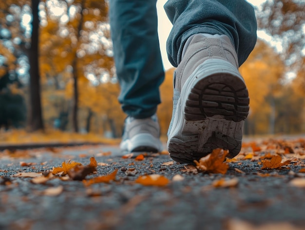 Foto close-up di scarpe da ginnastica e gambe di una persona anziana che cammina in un parco con foglie d'autunno