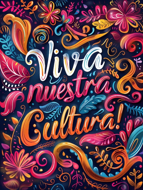 Foto poster colorato con lettere a mano e disegni floreali di viva nuestra cultura