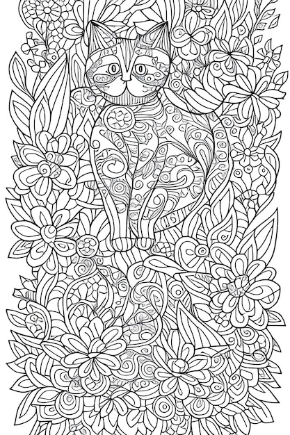 Coloring page of a cute cat with floral elements for KDP coloring books for kids