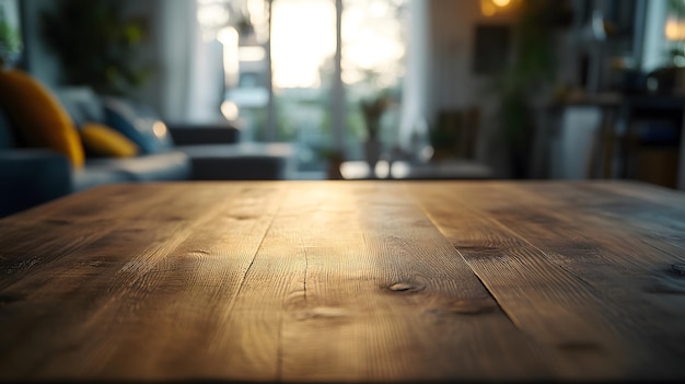 Foto accogliente tavolo di legno illuminato dal sole in un caldo interno del soggiorno