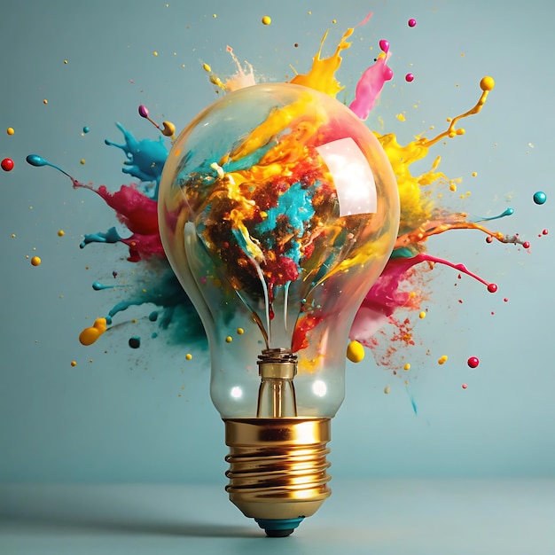 Foto immagine di creative light bulb bursting con paint splash