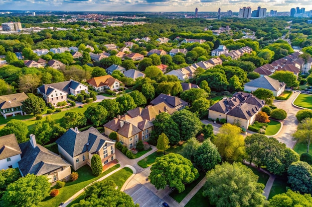 Foto culdesac deadend street in un ricco quartiere suburbano con grandi palazzi in lussureggiante vegetazione area boscosa paesaggio urbano verde nella periferia dallas fort worth metroplex