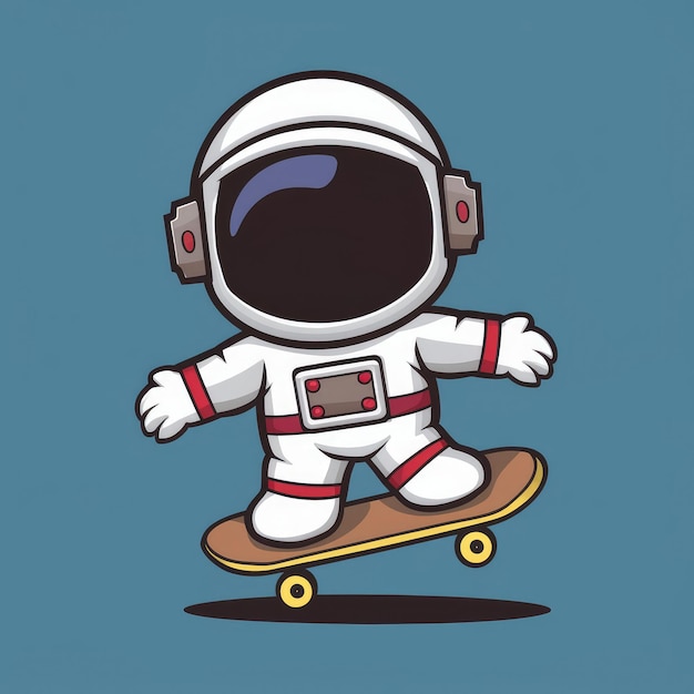 Foto cucina astronauta che gioca a skateboard icona dei cartoni animati isolata