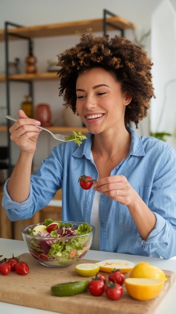 Foto donna carina a casa con l'insalata