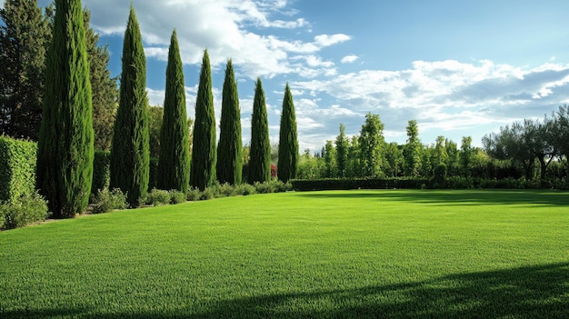 Foto cipressi in un prato verde e lussureggiante