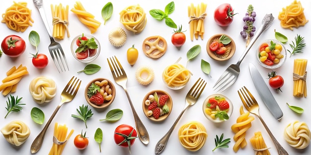 Foto delizioso collage di cibo italiano con elementi di design della pasta e forchette dall'alto