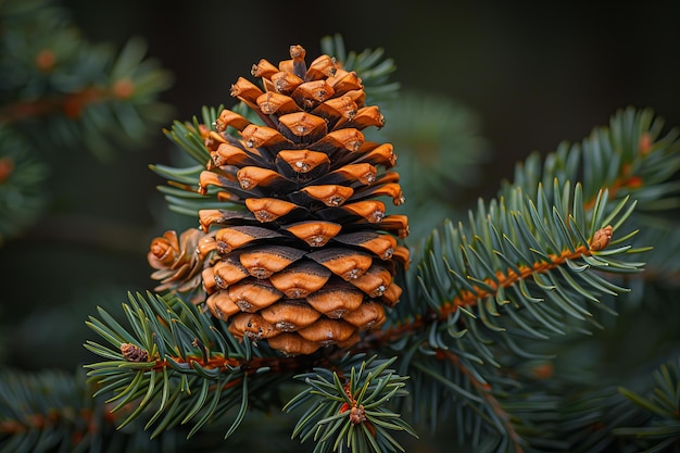 Foto immagine digitale di una foto di una cono di pino sul ramo di un albero sempreverde con lunghi aghi verdi in