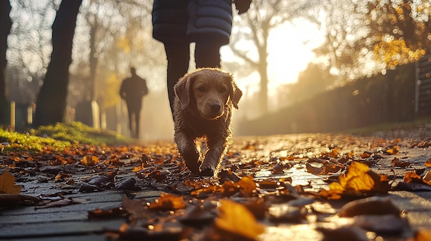 Foto un cane cammina lungo un sentiero ricoperto di foglie durante l'autunno al tramonto con le persone che passeggiano nelle vicinanze