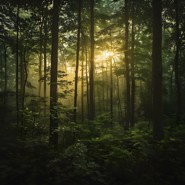 Foto foresta incantata all'alba una mattinata serena nell'abbraccio della natura