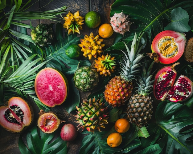 Foto frutta e foglie tropicali esotiche su un tavolo di legno per creare ricette alimentari naturali