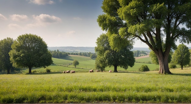 Foto un campo con mucche e alberi sullo sfondo