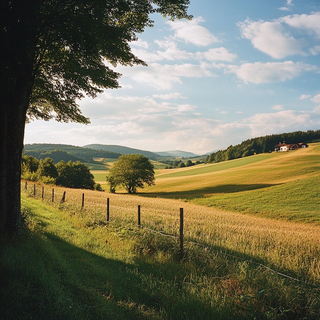 Foto un campo con una casa sullo sfondo e una recinzione con una casa nello sfondo