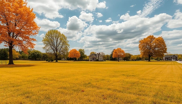 Foto un campo con una casa sullo sfondo e le parole la casa a destra