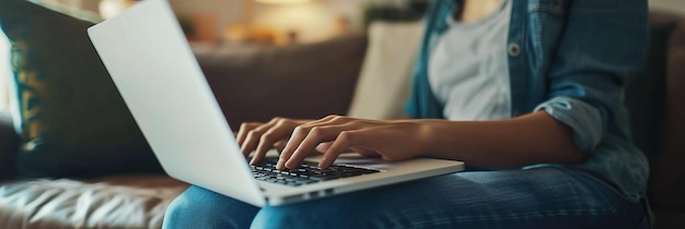 Foto lavoro focalizzato da casa sul portatile in un ambiente accogliente