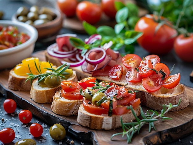 Foto bruschetta fresca con pomodori ed erbe