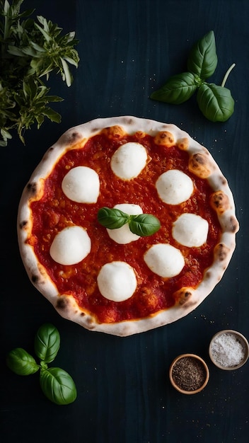 Foto pizza italiana fresca fatta in casa, margherita con mozzarella di bufalo e basilico.