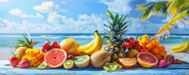 Foto frutta tropicale appena tagliata disposta su un tavolo sulla spiaggia colori vivaci frutta tropicale freschezza