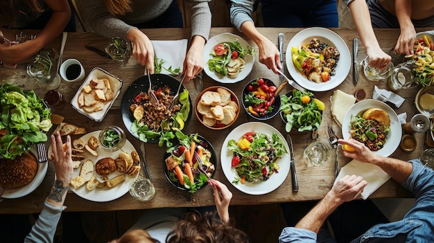 Foto amici riuniti attorno a una tavola piena di cibo delizioso