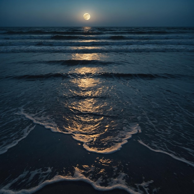 Foto una luna piena splende sull'acqua di notte