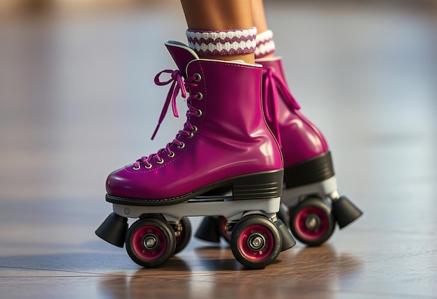 Foto una ragazza che cavalca uno skate con un paio di stivali rosa