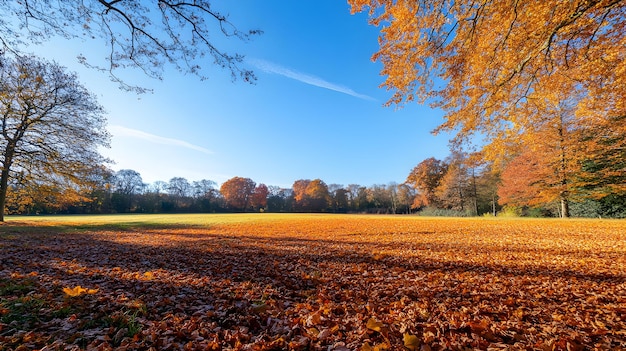 Foto un campo d'autunno dorato coperto di foglie cadute e alberi gialli vivaci sotto un cielo blu limpido.