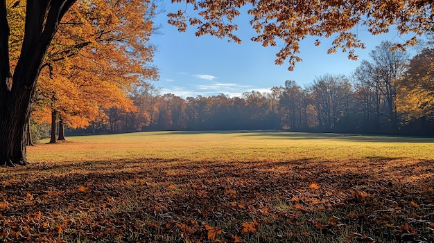 Foto una scena d'autunno dorata con gli alberi che perdono le foglie un tranquillo prato sullo sfondo e una brezza dolce che porta le foglie attraverso il paesaggio