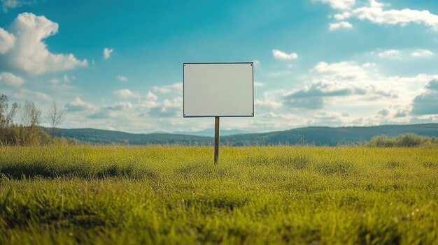 Foto campo d'erba con un cartellone pubblicitario vuoto