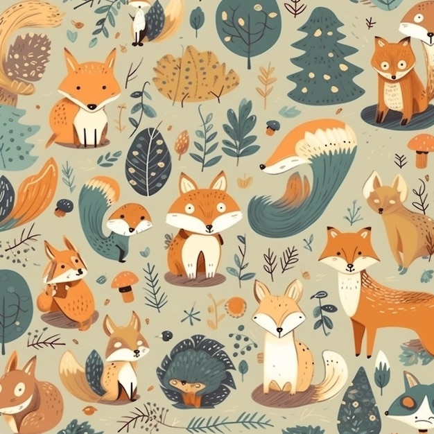 Premium AI Image | A group of foxes and other animals in a forest ...