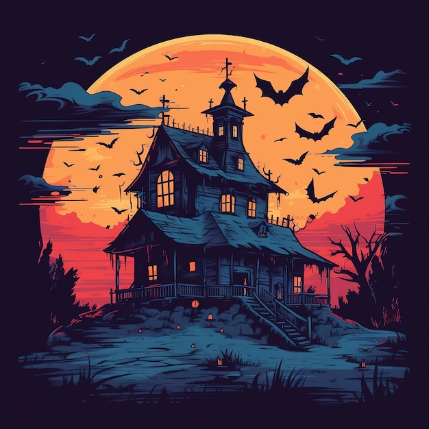 A halloween night with a scary house and bats on the moon background.