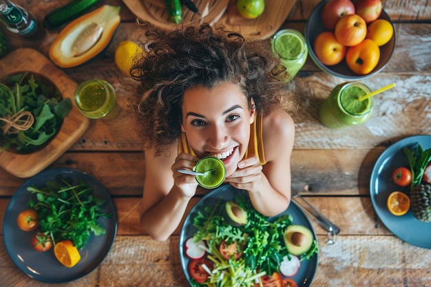 Foto una donna felice che si gode un'insalata salutare