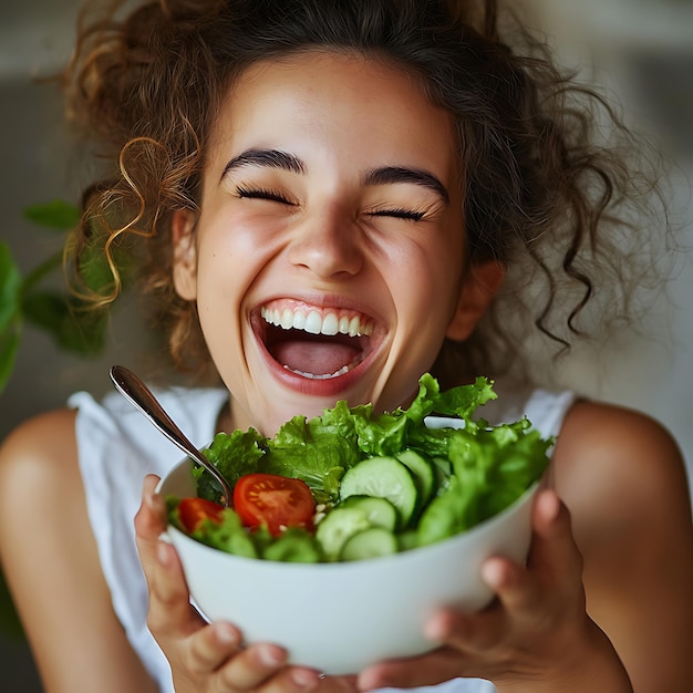 Foto una donna felice con una ciotola di insalata che mangia cibo sano