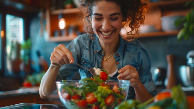 Foto donna felice che getta un'insalata di maionese in una ciotola in una cucina accogliente perfetto per blog di lifestyle siti web culinari e guide di preparazione dei pasti ampio spazio per la copia