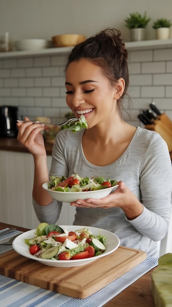 Foto felice giovane signora che si gode la sua casa cotta insalata cesare seduto a tavola in cucina interno verticale