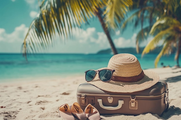 Foto un cappello e degli occhiali da sole sono su una spiaggia con un cappallo e degli occhialini da sole