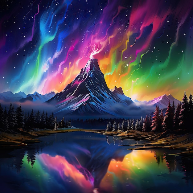 Foto alta montagna singola e affilata e l'aurora boreale colorata impressionistica notte montagna bellissimo paesaggio