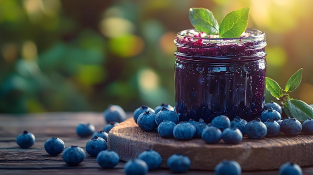 Foto marmellata di mirtilli fatta in casa in barattolo di vetro mirtilli freschi sparsi tavolo di legno rustico luminoso naturale l