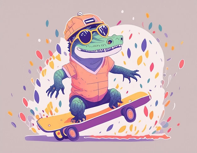 Foto un'illustrazione di un dinosauro che indossa un cappello e occhiali da sole su uno skateboard