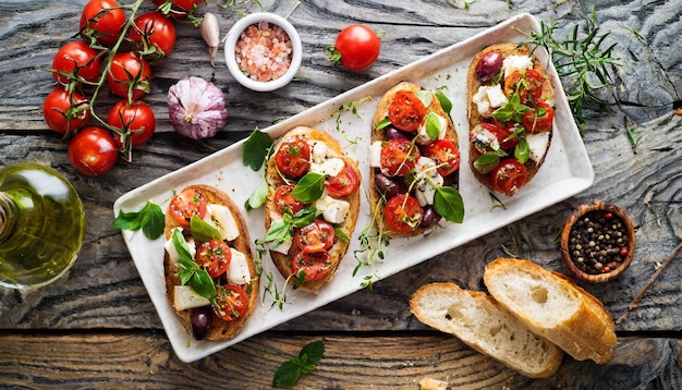 Foto aperitivo di bruschetta italiana su una tavola di legno rustica