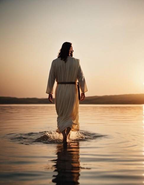 Foto gesù cristo una figura serena cammina attraverso acque calme al tramonto creando onde nel lago riflettente la calda luce dorata bagna la scena atmosfera spirituale di momento tranquillo generata dall'ai