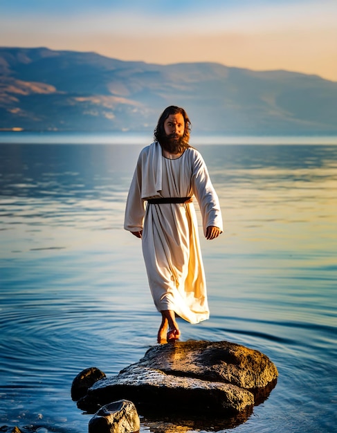 Foto gesù cristo camminando sull'acqua sul mare di galilea generativo ai