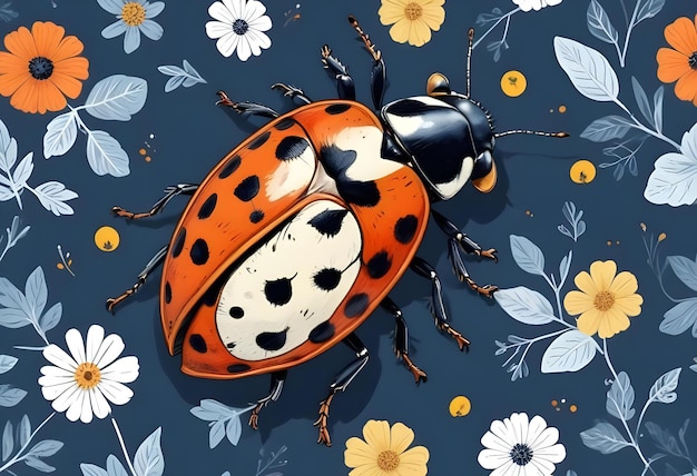 Foto una ladybug con fiori e farfalle su di essa