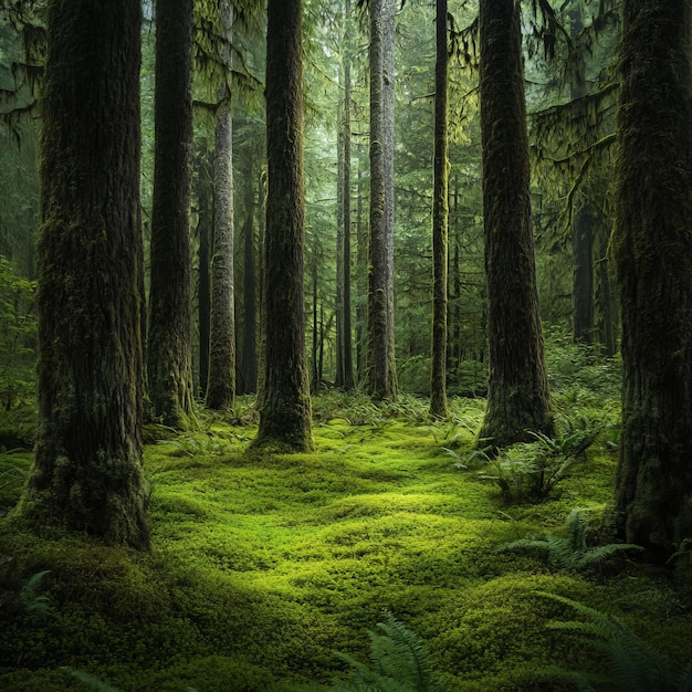 Foto lussureggianti tappeti di muschio verde il pavimento della foresta macchiato di luce solare filtra attraverso gli alberi torreggianti in una scena misteriosa e magica