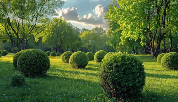 Foto un lussureggiante parco verde con siepi sferiche in un pomeriggio soleggiato