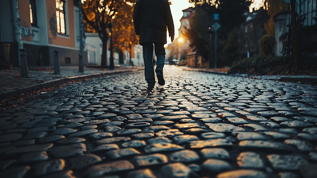 Foto uomo che cammina lungo una strada di ciottoli ai generativa