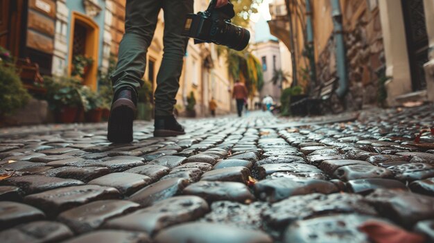 Foto un uomo con una telecamera sta scattando una foto di una strada di mattoni con una palla di fuoco sullo sfondo